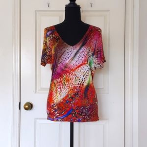 NWOT. Velvet Multi Color Pattern Drop Shoulder Loose Fit Short Sleeve Blouse.